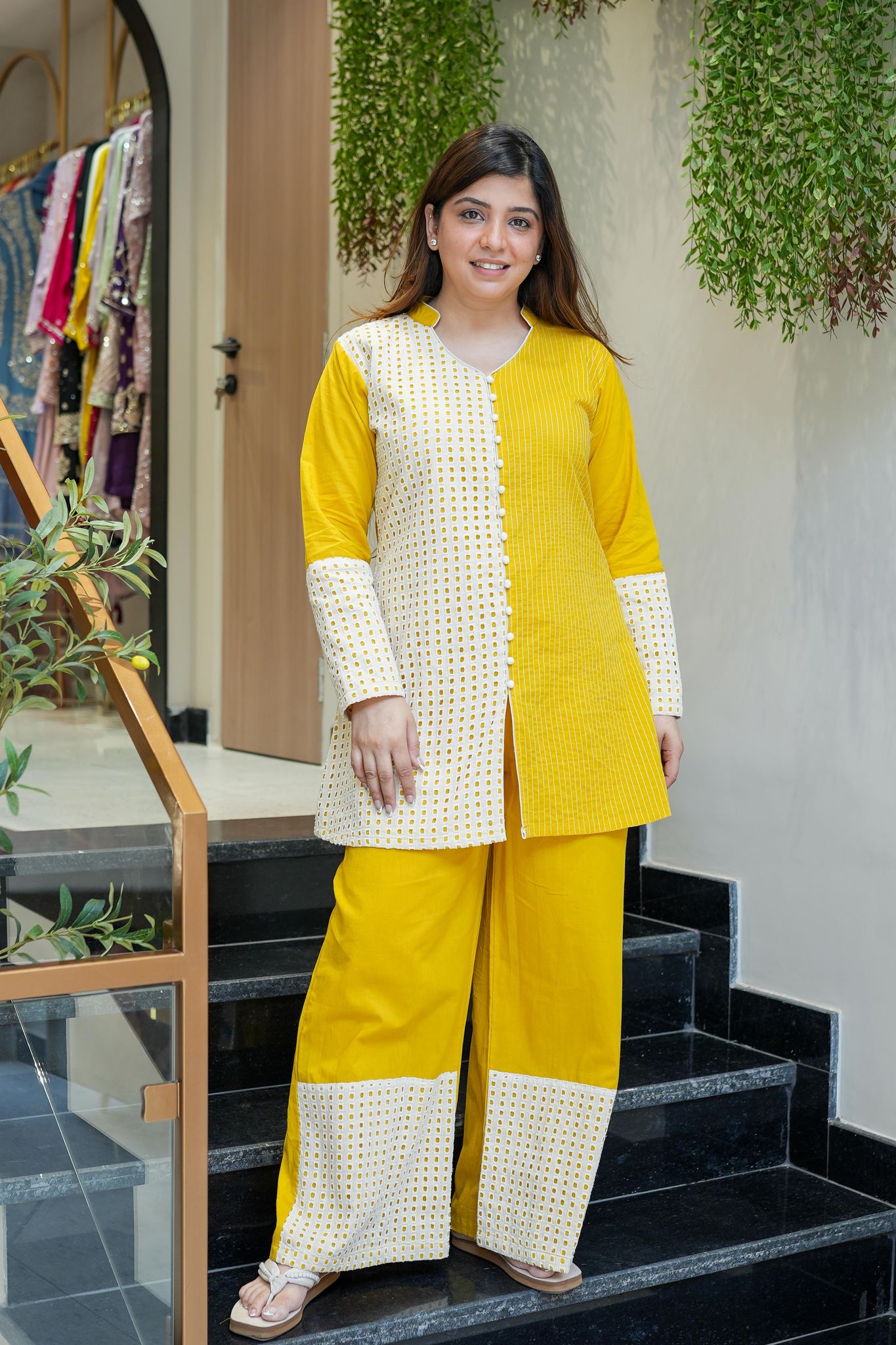 Neeyam Yellow Schiffli Co ord Sets-XL