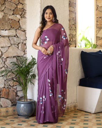 Plum Purple Georgette Saree with Hand-Painted Blue & White Bell Flowers – Attached Blouse – 5.5 Meters-Regular