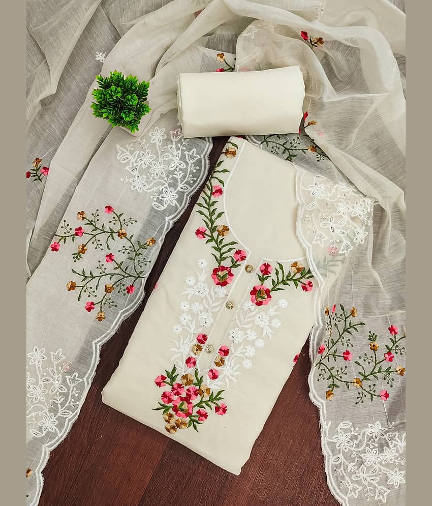 Rangtulika Ethnics Women Cotton Unstitched Dress Material ( Off White )
