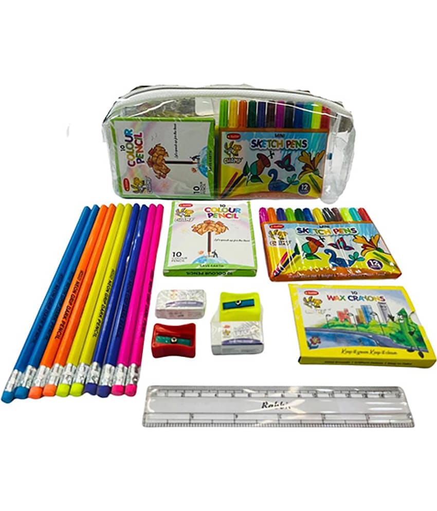 Rabbit Stationery Combo Kit for Kids | 18 School Essentials with Pencils, Crayons, Sketch Pens & Pouch | Creative Back-to-School Gift Set for Boys & Girls