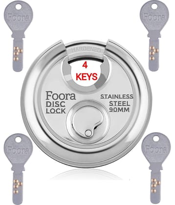 Foora Disc 90mm Door / Shutter Lock with 4 Hi-Tech Brass Separate Keys, Stainless Steel, Hardened Shackle, Rust Resistance