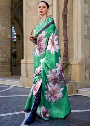Spring Green Satin Crepe Print Saga Saree