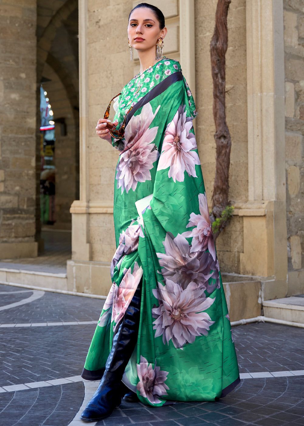 Spring Green Satin Crepe Print Saga Saree