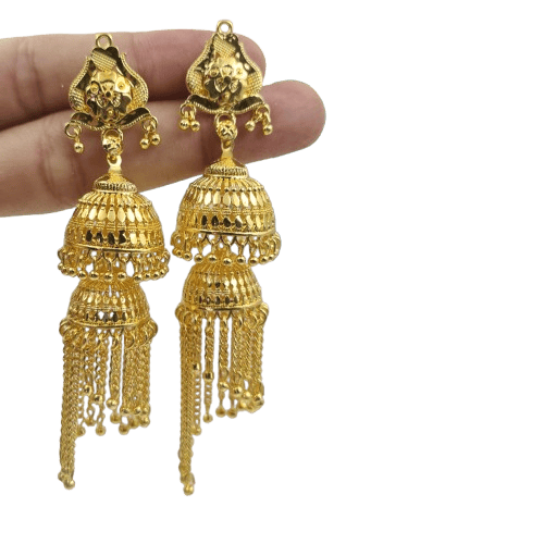 Opulent Gold-Plated Double Curtain Jhumka Earrings – Traditional Indian Bridal Jewelry for Special Occasions