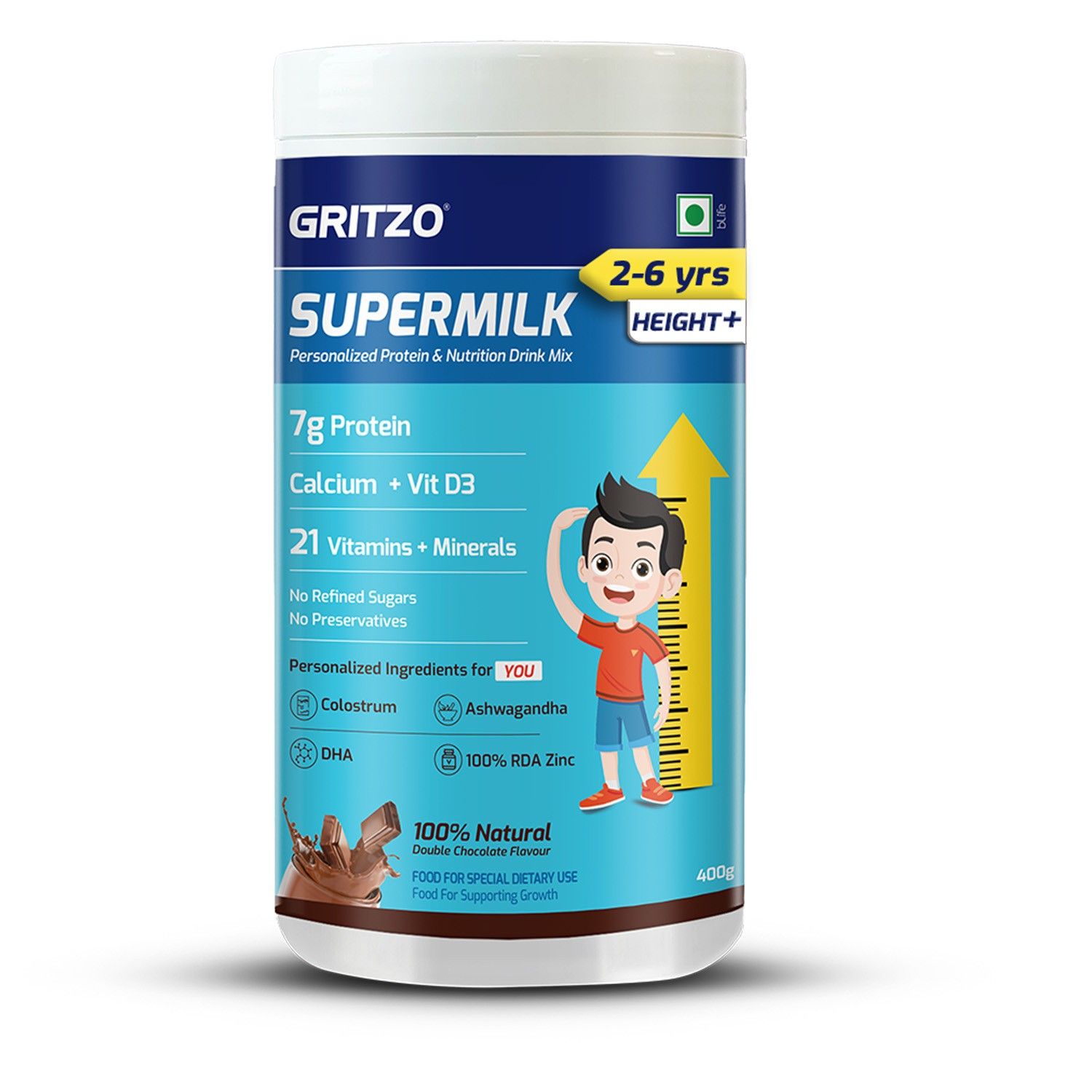 Gritzo SuperMilk Overall Growth (2-6y), 6g Protein Powder (Double Chocolate, 400g) | Zero Refined Sugar, 20 Vitamins & Minerals