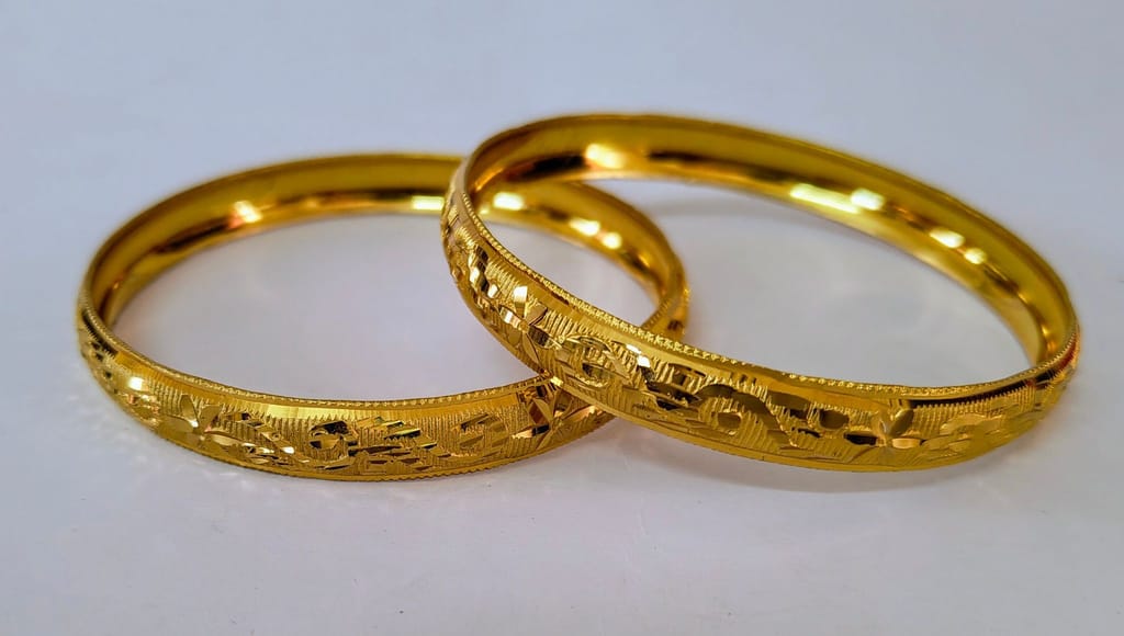 Gold plated Bangles with Intricate Floral Design, 2.8 Inches in Diameter