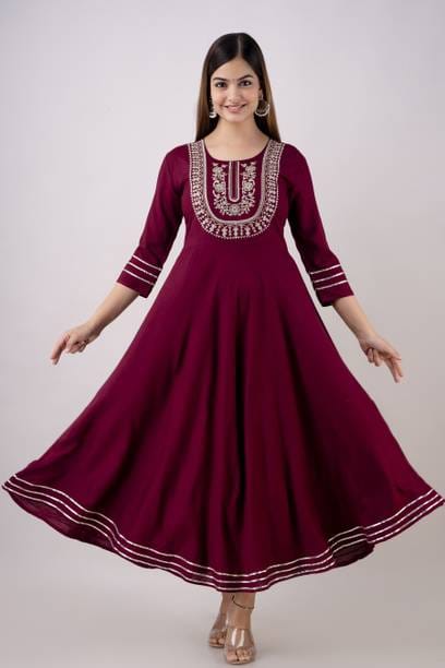 Women Embroidered Viscose Rayon Flared Kurta  (Maroon)