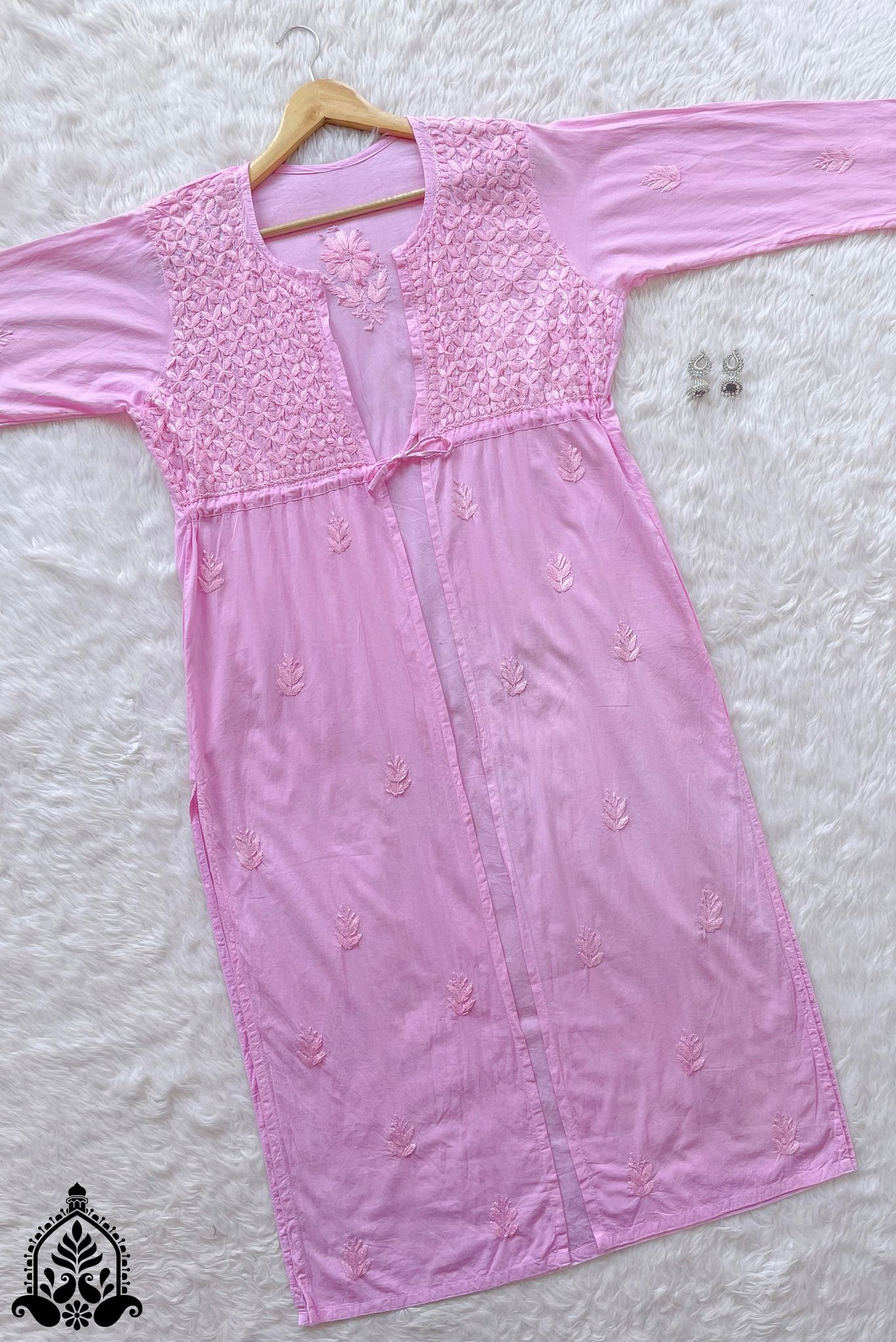 Afiya Chikankari Long Cotton Shrug-Pink / XL