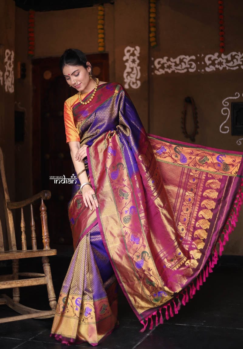 Utsaav ~ Gadwal Pure Silk Traditional Handloom Saree, Violet Brocade with Purplish Pink Border, Authentic Pure Silk