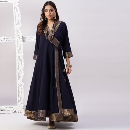 Cotton mulmul floor length full ghera anarkali with brocade and zari detailing-XS