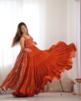 Rust Orange Heavy Pure Soft Fox Georgette Anarkali Set with Dupatta – 12 Meter Flair, Embroidery & Thread Work-xs