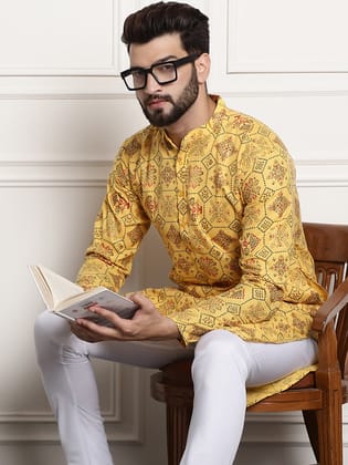 Men's Cotton Blend Floral Design Yellow Only Long Kurta-36