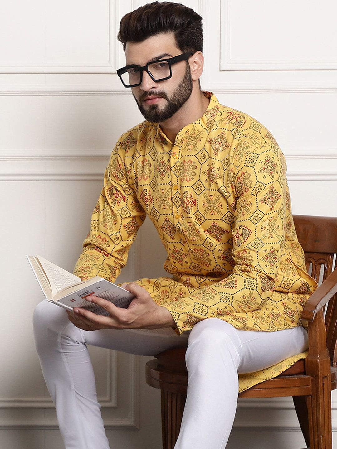 Men's Cotton Blend Floral Design Yellow Only Long Kurta-36