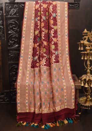 Maroon Meenakari Jaal Pure Georgette Banarasi  Saree with Authentic Hand Bandhej | SILK MARK CERTIFIED