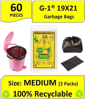 G 1® 100% Recyclable Garbage Bags And Covers - 60 Pieces - Medium Size 19X21 Inch, Black Color