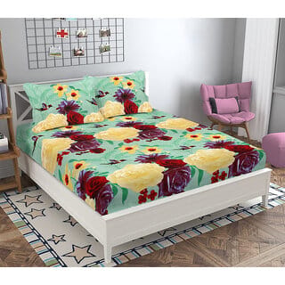 Black Bee  Red Blue Floral 3D Print Double Bedsheet With 2 Pillow Covers (208 X 213 Cm)(Bs20-03)
