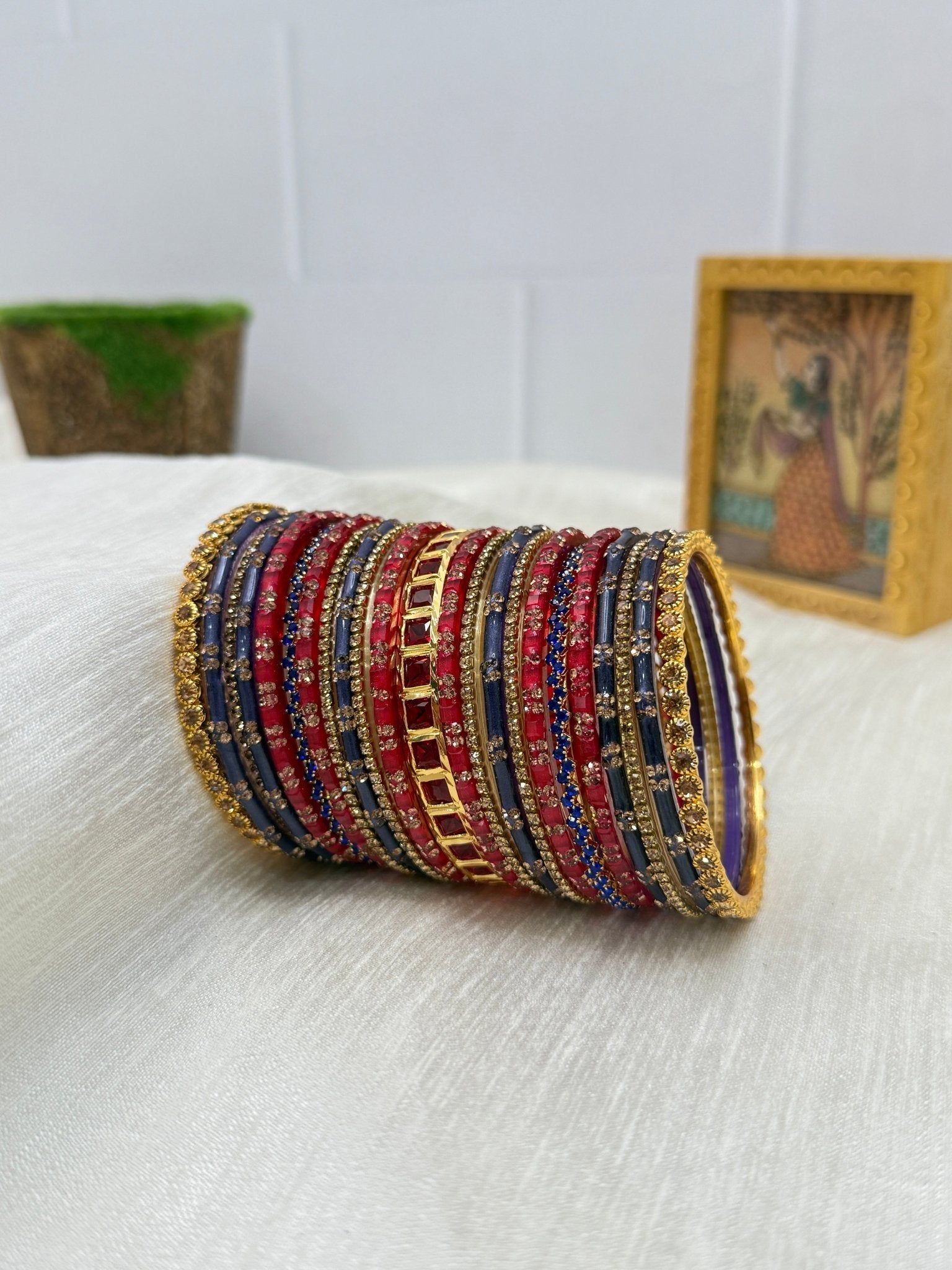 Vintage Navy Blue and Red Glass & Stone Bangle Set - 5120-2.4 / Both Hands (you will get 2 sets)
