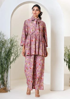 Pink Floral Print Muslin Peplum Top With Bell-Bottom-M