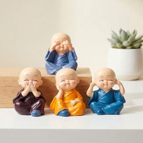 Cute Baby Monk 4 Buddha Statues, Unique Fengshui Gift Car Dashboard Office Home Decorative Showpiece - 5 cm