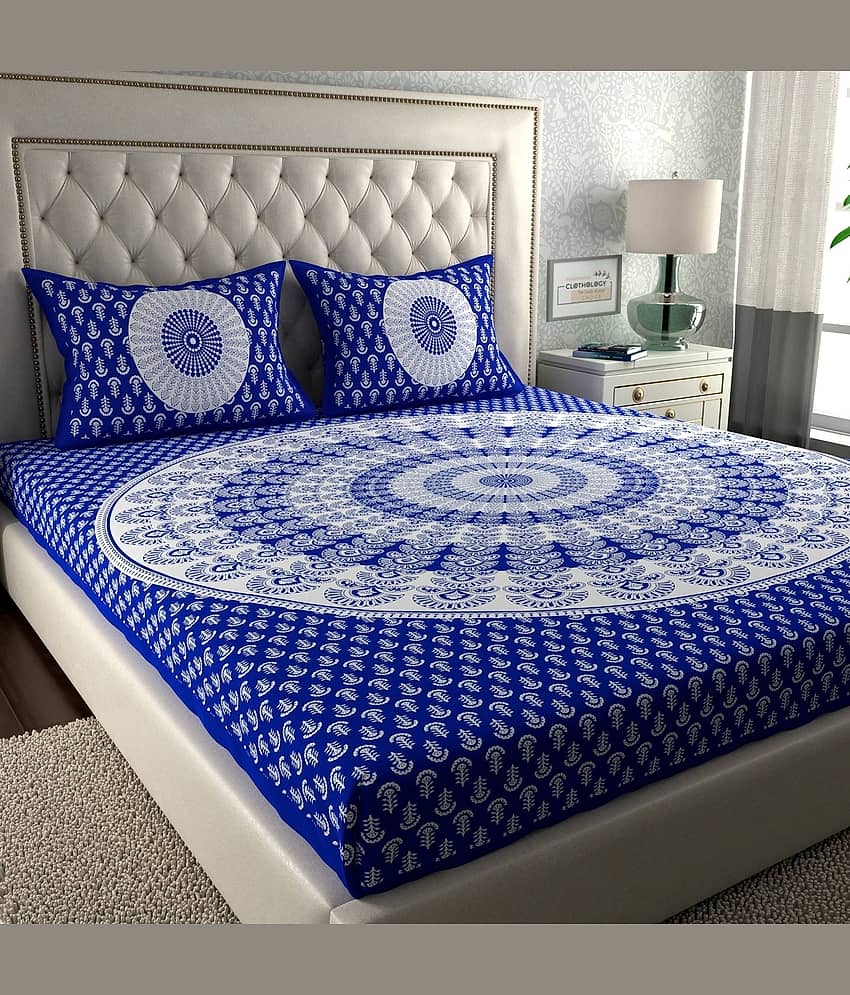 ABHACLOTHO Cotton 1 Double Bedsheet with 2 Pillow Covers ( Blue )