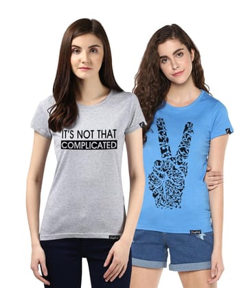 Young Trendz Womens Combo Half Sleeve  Peace Printed Skyblue Color and Complicated Printed Grey Color Tshirts-Skyblue/Grey / Small / 100% Bio Wash Cotton