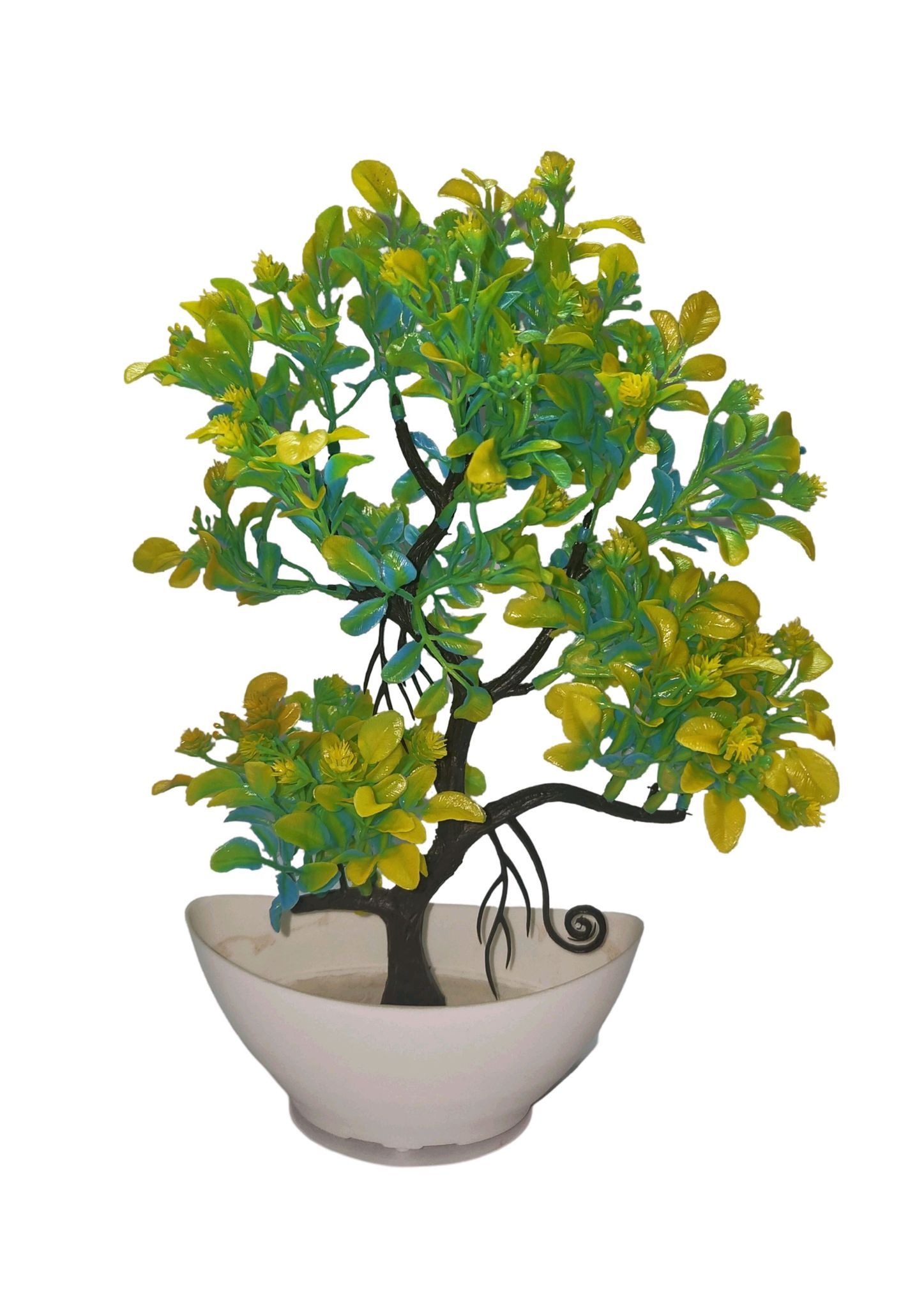 Artificial Bonsai Tree in White Potted, 8 Inches, Green and Yellow Leaves, for Home and Office Decor