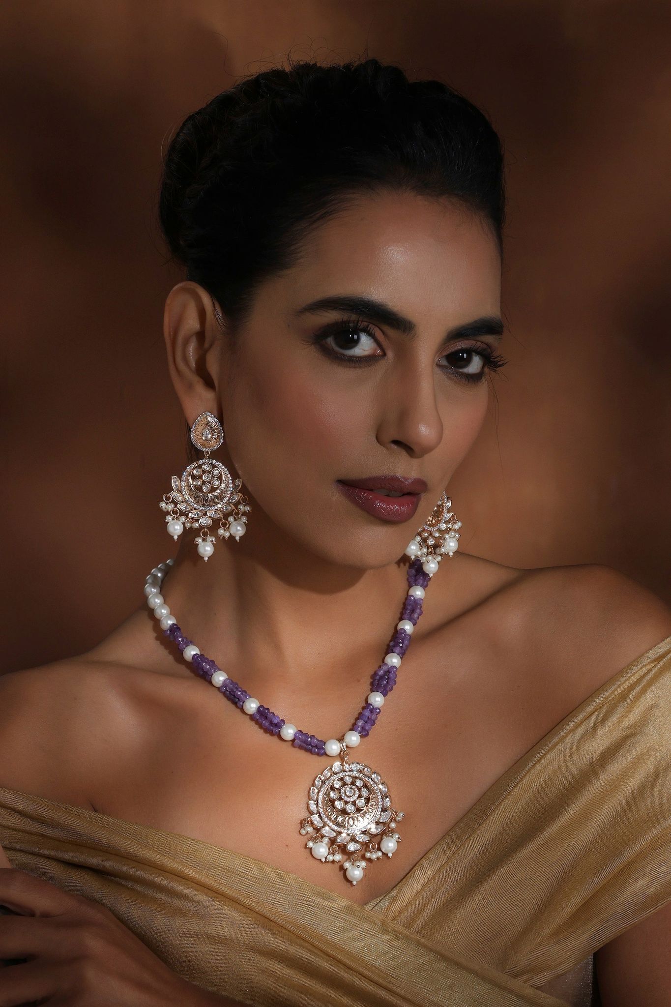 Alpana Lavender Polki and Pearl Necklace Set-Polki