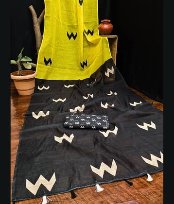 ANAND SAREE Cotton Blend Printed Regular Saree With Unstitched Blouse Piece ( Yellow )