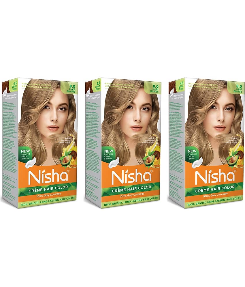 Nisha Creme Hair Color 8.0 Light Blonde 120g Pack of 3, Permanent Hair Colour for Long Lasting Hair, 100% Grey Coverage