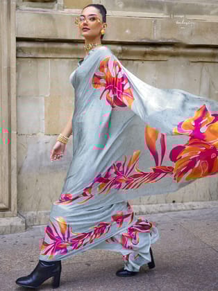 Blue Satin Crepe Printed Saree