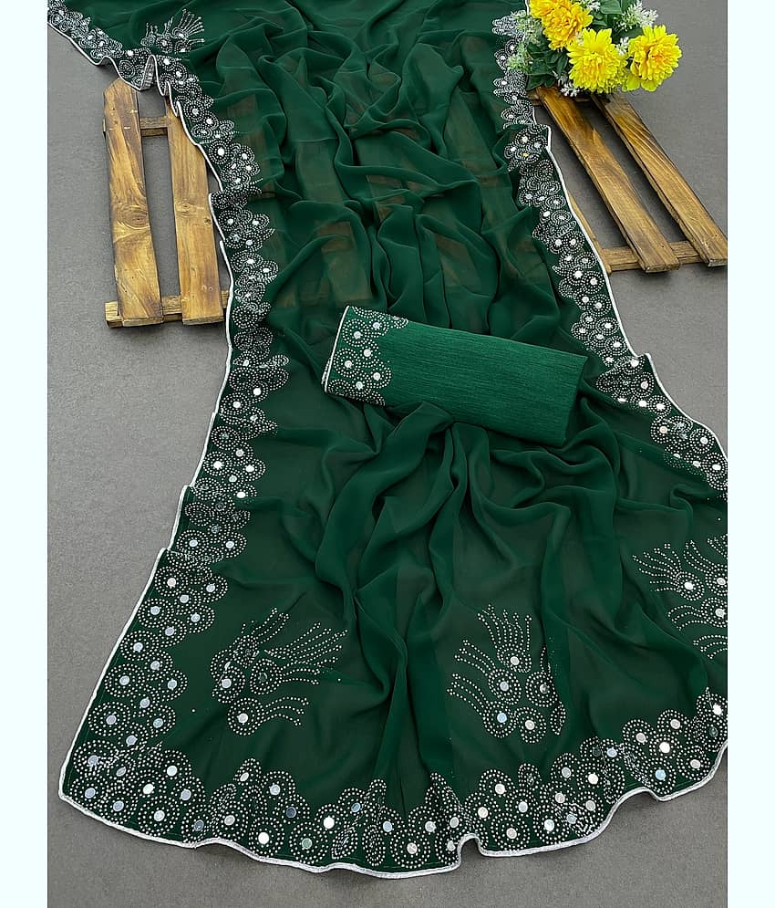 VEERAIVA Georgette Embroidered Ilkal Saree With Stitched Blouse ( Green )