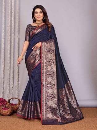 Navy Blue Banarasi Saree | Peacock Zari Border Silk Elegance