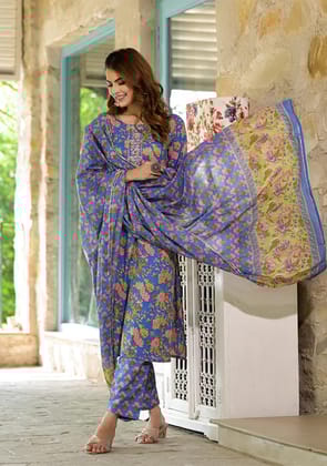 Blue Floral Print Cotton Straight fit Kurta Set-S