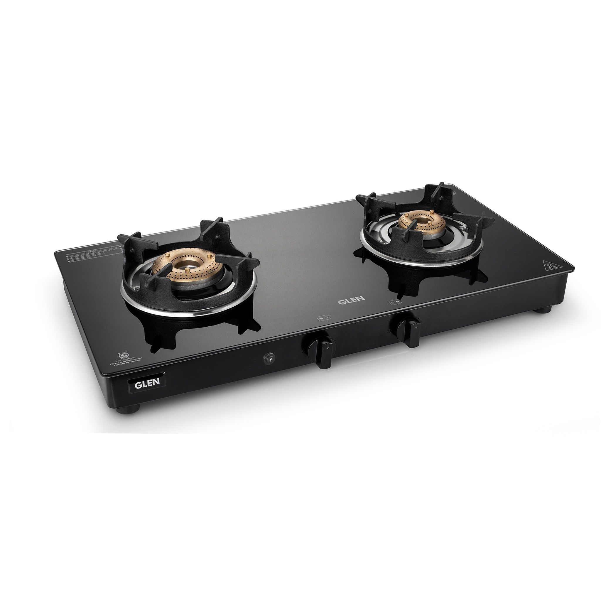 2 Burner Glass Gas Stove with High Flame Brass Burner Crown Pan Supports (CT1022GTBBBLHFCP) - Manual/Auto Ignition