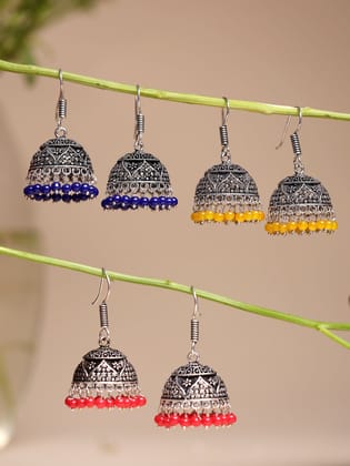 NVR Women's Pair of 3 Oxidized Silver Plated Multicolor Artificial Beads Jhumka Earrings-One Size / Multi / German Silver