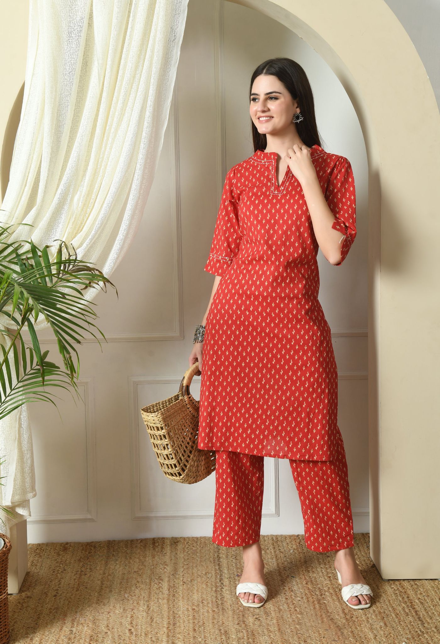 Red Cotton Kurta Pant set-XL / Red