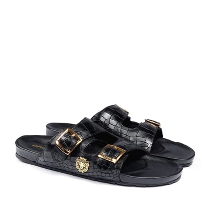 Adjustable Buckle Slide-in Slippers in Black Croco Textured Leather-40/6