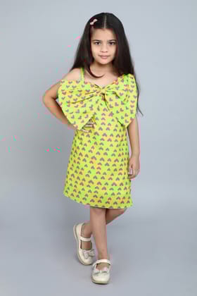 Heart Printed A Line Cotton Bow Dress -Lime Green-1-2Y / Green
