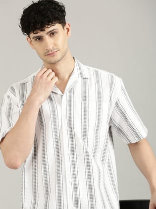 White Striped Short Sleeved Oversized Resort Shirt-44
