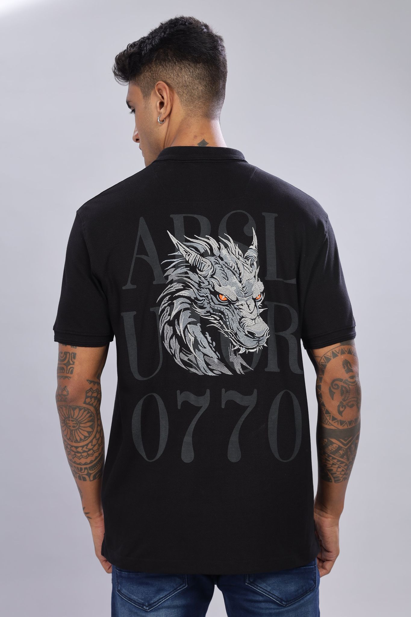 Fierce Dragon Embroidered Executive Fit Black Polo T-Shirt-S