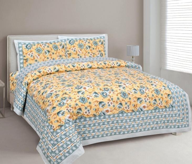 3001-Hometrade India-Standard King Size (90*108 Inches)-Pure Cotton Jaipuri Double Bedsheet With Matching Pillow Cover