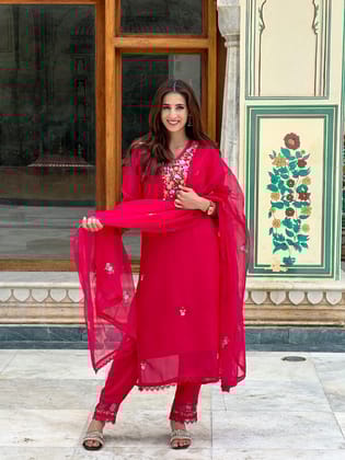 Viscose Organza Embroidered Suit Set-Pink Colour-M