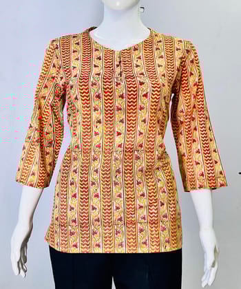 Yellow red kalamkari handblock printed cotton top