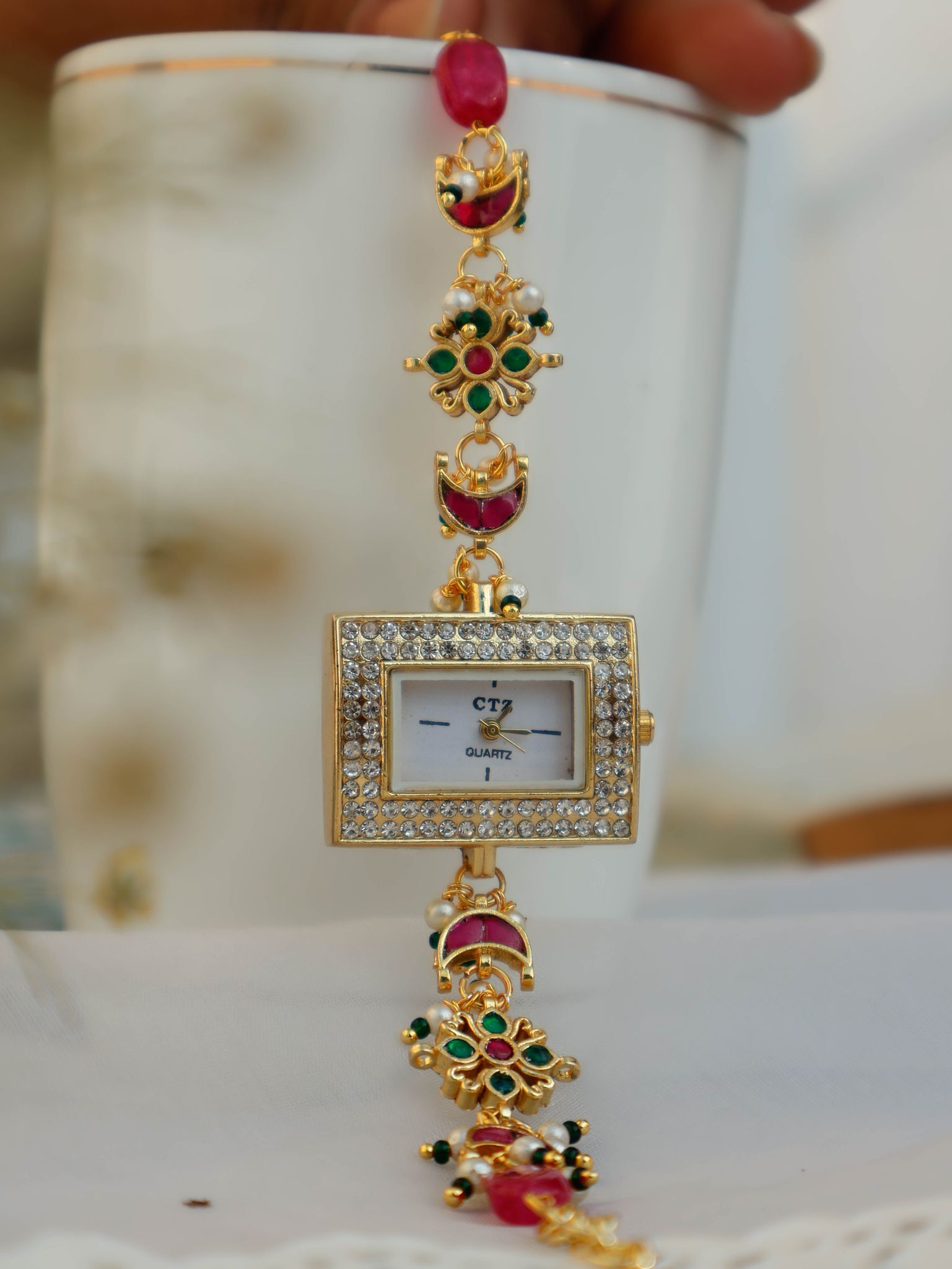 Meola Green-Red Kundan Wrist Watch-Green