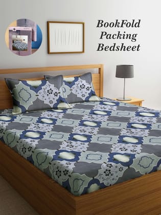Bookfold Grey & Blue Graphic Printed 300 TC King Bedsheet & Pillow Covers