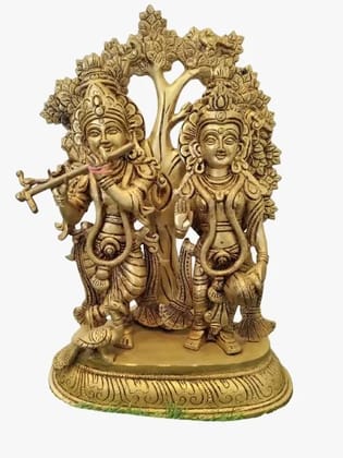 Divine Brass Radha Krishna Statue Playing Flute Under Tree