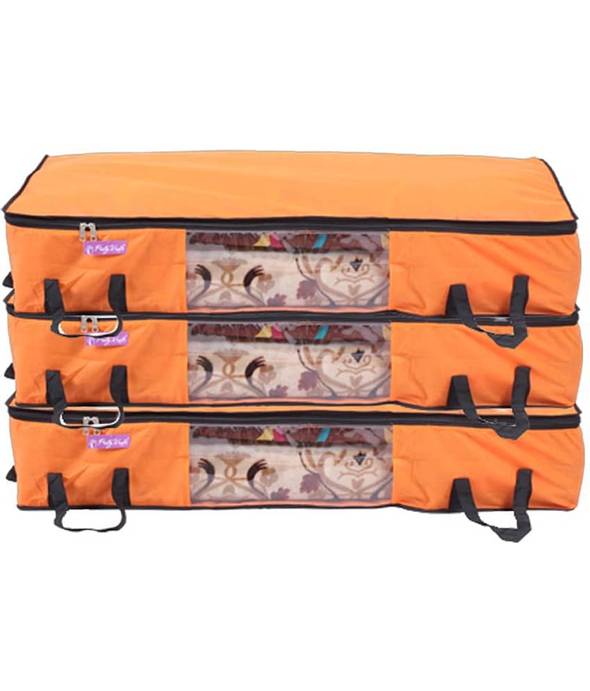 Prettykrafts Long Underbed Storage Bag, Storage Organizer, Blanket Cover with Side Handles (Set of 3 pcs)
