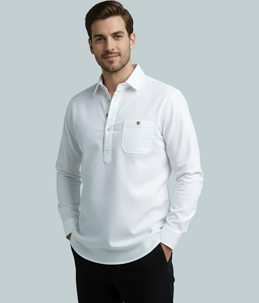 Yugnik Cotton Blend Plain Shirt Style Kurta For Men ( White )