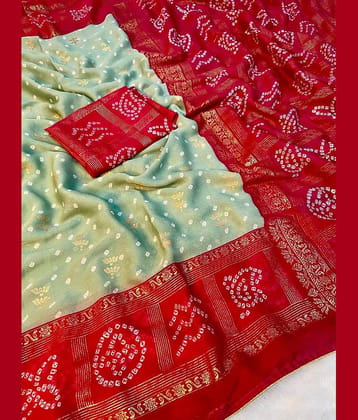 Sanjana Cotton Printed Bandhani Sarees With Unstitched Blouse Piece ( Light Green )