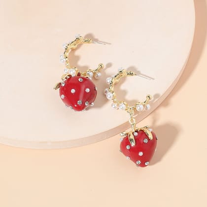 Strawberry Cubic Zirconia Pearl 18K Gold Red Anti Tarnish Hoop Dangler Earring For Women